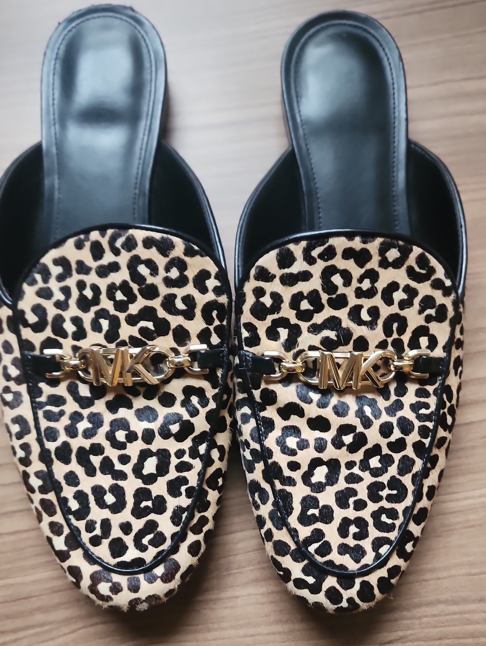 Michael Kors Leopard-Print Mule Slides in Beige and Black with Gold Logo